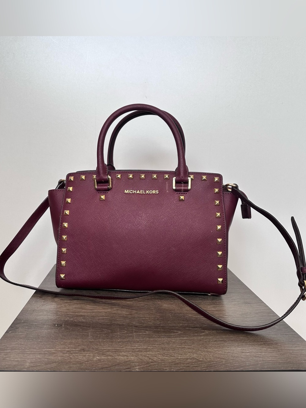Michael Kors Selma Studded Burgundy Saffiano Leather Satchel